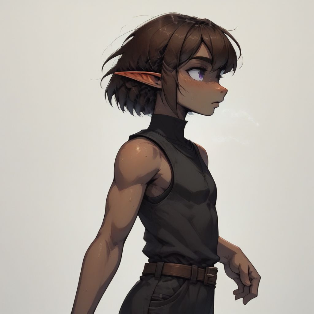 ASCIILapanya, 1 person, pointy ears, 3 fingers 1 thumb, snout nose, flat chest, side view, close -up, olive-tone skin, tall, square jaw, violet irises, dark brown hair, straight bob haircut parted in the middle, athletic build, small nostrils, black sleeveless tunic, brown breeches, belt, running, fully clothed, clean lines, highly detailed, high quality, best quality,  rating: safe