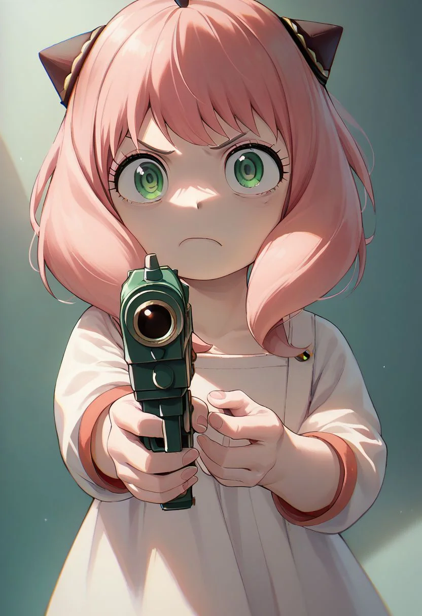 score_9, score_8_up, score_7_up, 1girl, solo, (Anya,bangs, green eyes, pink hair, female child, anya (spy x family),hairpods, child, dress), disgusted face, holding gun, aiming, aiming at viewer, finger on trigger,