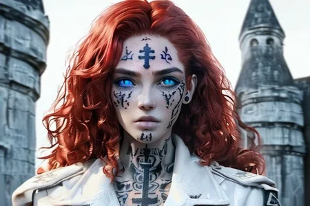 bright red hair, human female, (feminine:1.7), (beautiful face, detailed face:1.6), (beautiful eyes, detailed eyes:1.7), (looking at viewer, eye contact, intense:1.6), (long hair, red hair, curly hair:1.3), , ((masterpiece, best quality, high resolution, realistic, best quality,)), photo realistic, Perfect Face, (detailed face). <lora:GoodHands-vanilla:0.6> <lora:add-detail-xl:0.8>, mage, (Dress White military uniform coat), dagger, rune dagger, glowing runes, , (((glowing magic symbols tattoos, religious tattoos))), ((face tattoos)), glowing tattoos, stone tower in the background