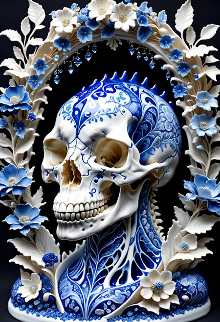 Porcelain sculpture,dinosaur skull ,bones, skeleton,small dinosaur ,Bluepatternporcelain ,blue fluid,gems,dried flowers,hyperrealistic,see-through