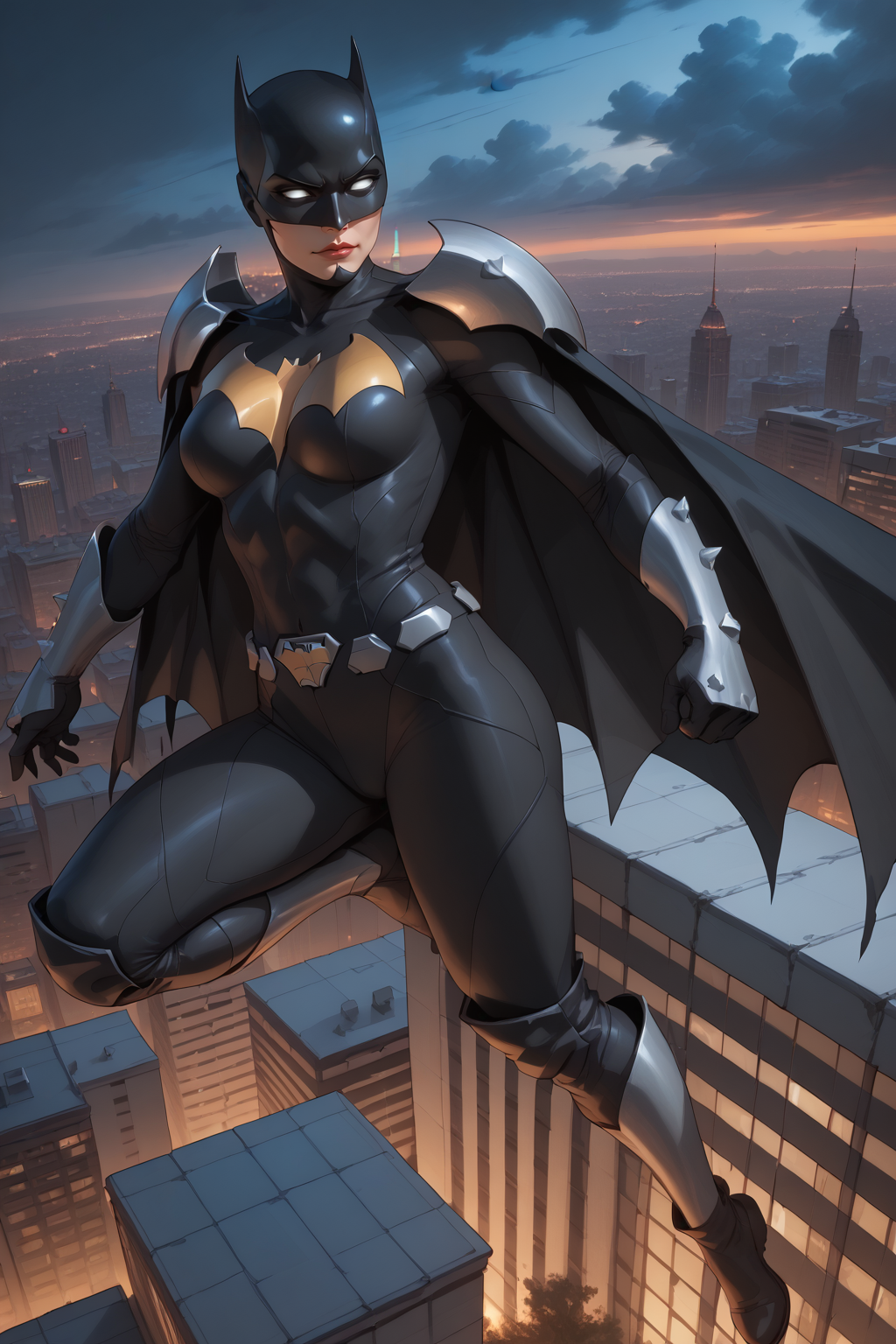 score_9, score_8_up, score_7_up, masterpiece, high quality, BREAK 
 <lora:Elseworld BatgirlPonyLoRA:1>elswrldbtgrl, mask, shoulder armor, bodysuit, cape, white eyes, no pupils, bracer, gloves, belt, greaves, boots, jumping from a skycraper, midair, falling, city in background, at night, citylights