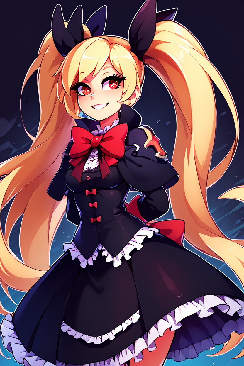 score_9, score_8_up, score_8, medium breasts, (curvy), cute, eyelashes,       ,,, , ,,,  zzRachel, long hair, blonde hair, red eyes, twintails, very long hair, bow, ribbon, hair ribbon, red bow, black dress, frills, <lora:RachelAlucard_PDXL:1.0>, hands behind back, leaning forward,  ,,,, BREAK, smile, looking at viewer, ,,, abstract background, white outline, cowboy shot, ,,, embedding:zPDXL, Expressiveh, ,,, <lora:theOtherHalfPDXL:0.8>, <lora:CatalystStylePDXL:0.6>, <lora:SDXLFaeTastic2400:0.5>, <lora:Expressive_H-000001:0.4>,