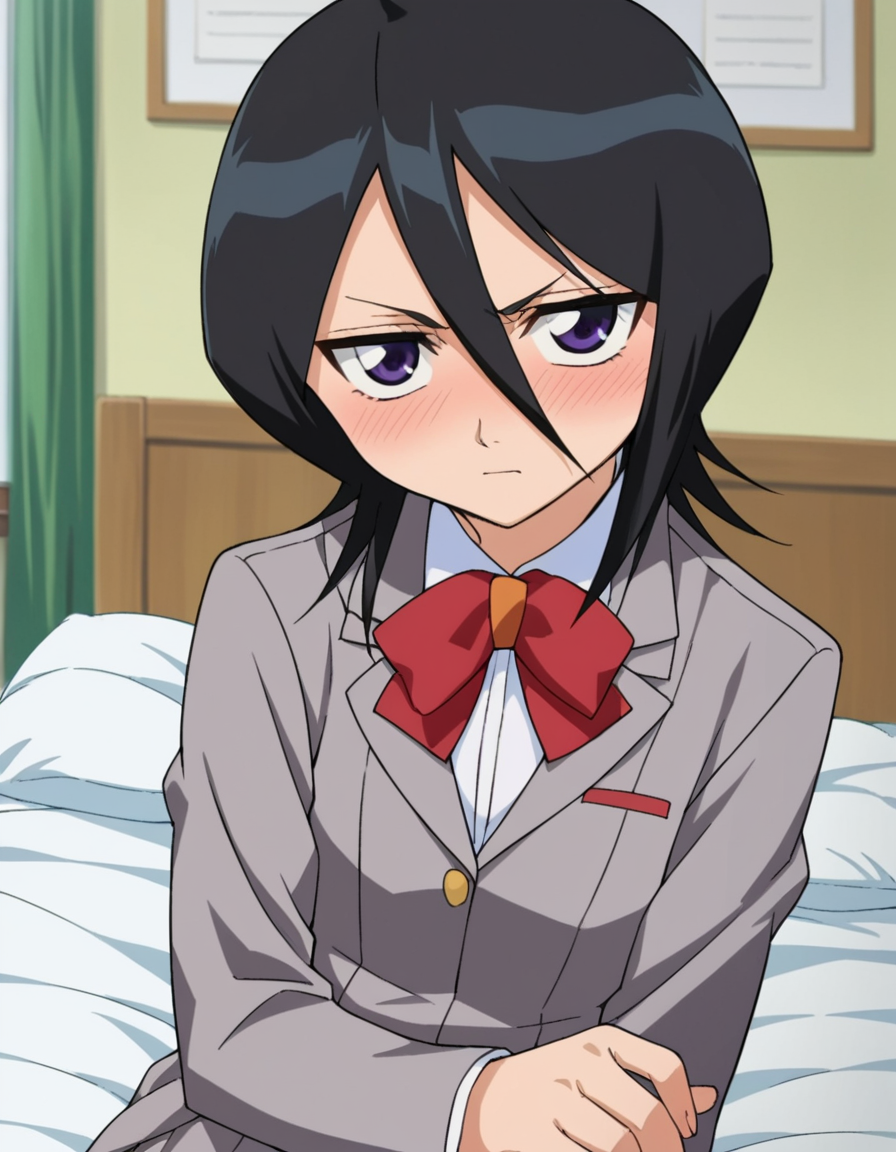 score_9, score_8_up, score_7_up, source_anime, 
rukiakuchiki, <lora:rukia-kuchiki-s1-ponyxl-lora-nochekaiser:1>, 
rukia kuchiki, black hair, hair between eyes, purple eyes, short hair,
skirt, bow, school uniform, jacket, blazer, grey jacket,
indoors, bed, bed room, on side, blush, drunk,
looking at viewer, cowboy shot, dutch angle,