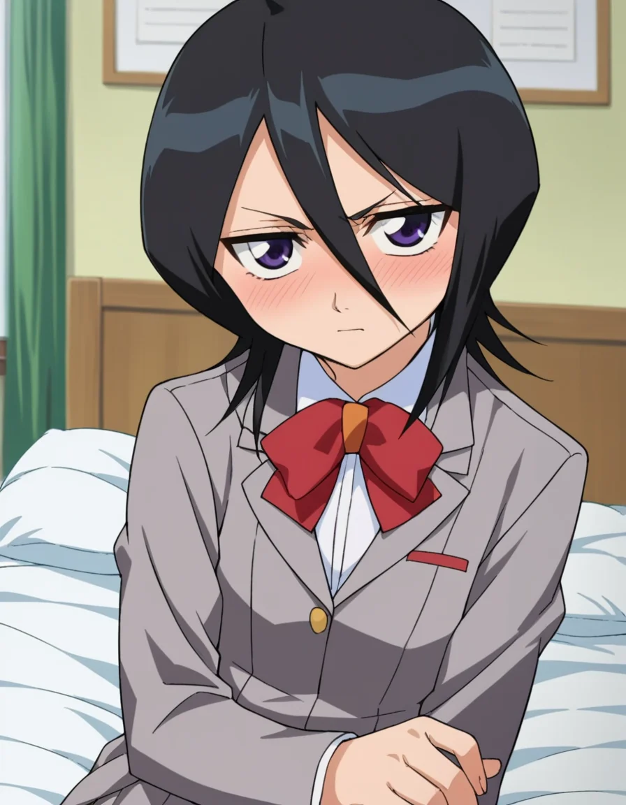 score_9, score_8_up, score_7_up, source_anime,
rukiakuchiki, <lora:rukia-kuchiki-s1-ponyxl-lora-nochekaiser:1>,
rukia kuchiki, black hair, hair between eyes, purple eyes, short hair,
skirt, bow, school uniform, jacket, blazer, grey jacket,
indoors, bed, bed room, on side, blush, drunk,
looking at viewer, cowboy shot, dutch angle,