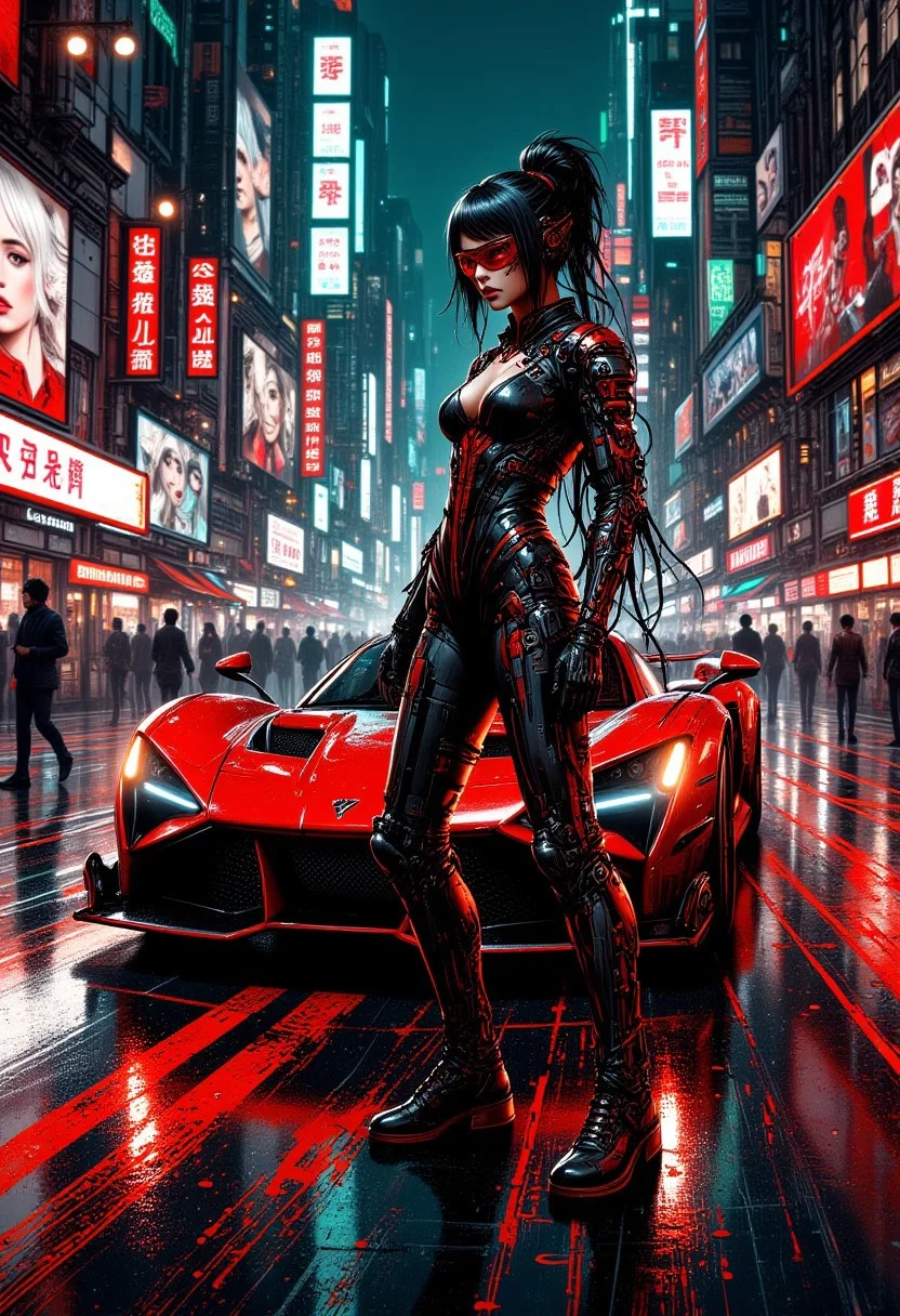 cyberpunk anime style, goth woman standing next to sci-fi supercar, parked on a cyberpunk street, with neon signs and large adverts featuring women, red and black colour theme