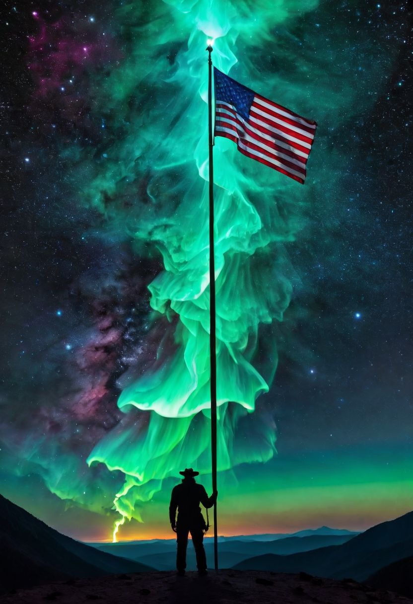 Grim reaper standing next to flag pole (((us flag:1.2) stars and stripes:1.2)) blowing softly in tge wind, overlooking desolate ((volcanic)) valley,  (Illuminati:1.1), (immense detail:1.2)), (deep space, deep galactic travel background),Dark and eavil glow, glow neion paint,  dark, surrealism, defined sharp edges, mystical, (multi-dimensional:1.2), psychedelic art