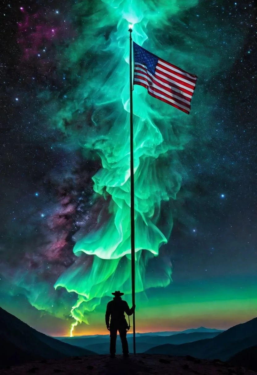 Grim reaper standing next to flag pole (((us flag:1.2) stars and stripes:1.2)) blowing softly in tge wind, overlooking desolate ((volcanic)) valley, (Illuminati:1.1), (immense detail:1.2)), (deep space, deep galactic travel background),Dark and eavil glow, glow neion paint, dark, surrealism, defined sharp edges, mystical, (multi-dimensional:1.2), psychedelic art