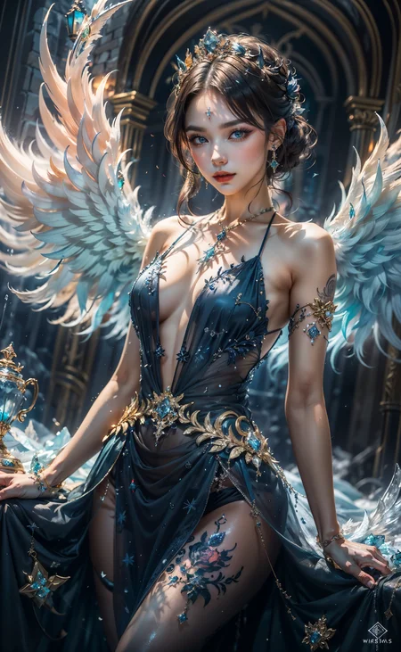 <lora:A_Snow_Angel:0.8> , Snow_Angel, Frozen, ((best quality)), ((masterpiece)), ((realistic)), ((18-year-old girl as a snow angel princess in a fantasy golden throne room, frozen, mystic fog, frost flowers)), In the grandeur of a throne room, an 18-year-old girl embodies the enchantment of a snow angel princess. Adorned with elegant earrings, intricate jewelry, and a tribal tattoo, she exudes a sense of regality and grace. Her flowing hair, infused with a radiant glow, cascades around her, accentuated by an ethereal ice hair ornament and a necklace fashioned from glistening ice. Her sharp eyes captivate with a blend of determination and wisdom. Draped in a dress of ice, she personifies the beauty and power of the frozen realm. The throne room, adorned with golden ornaments and surrounded by an icy atmosphere, emanates an otherworldly charm. Swirling fog and the cold permeate the air, creating an ambiance of mystique. A large watch prominently displays the passage of time, a symbol of her royal lineage. Paintings and lush plants add touches of color amidst the frozen surroundings, while water flows gracefully, mirroring the princess's elegance. Ice shards glimmer and sparkle, reflecting light and emitting delicate sparks, guided by the whims of the wind. The blurry background and bokeh lend a dreamlike quality to the scene, accentuated by gentle sidelight that casts a soft glow on her face. Against a light backdrop, the composition showcases the Tyndall Effect, infusing the air with a captivating vibrancy. The vibrant colors and meticulous attention to detail make this artwork a true cinematic masterpiece, capturing the majesty, beauty, and magic of the snow angel princess in her icy domain. (Haircut model by Wispy bangs, possed is Running pose, sharp dark brown, shooting angle is Wide-angle view, time is Low-Key Lighting),