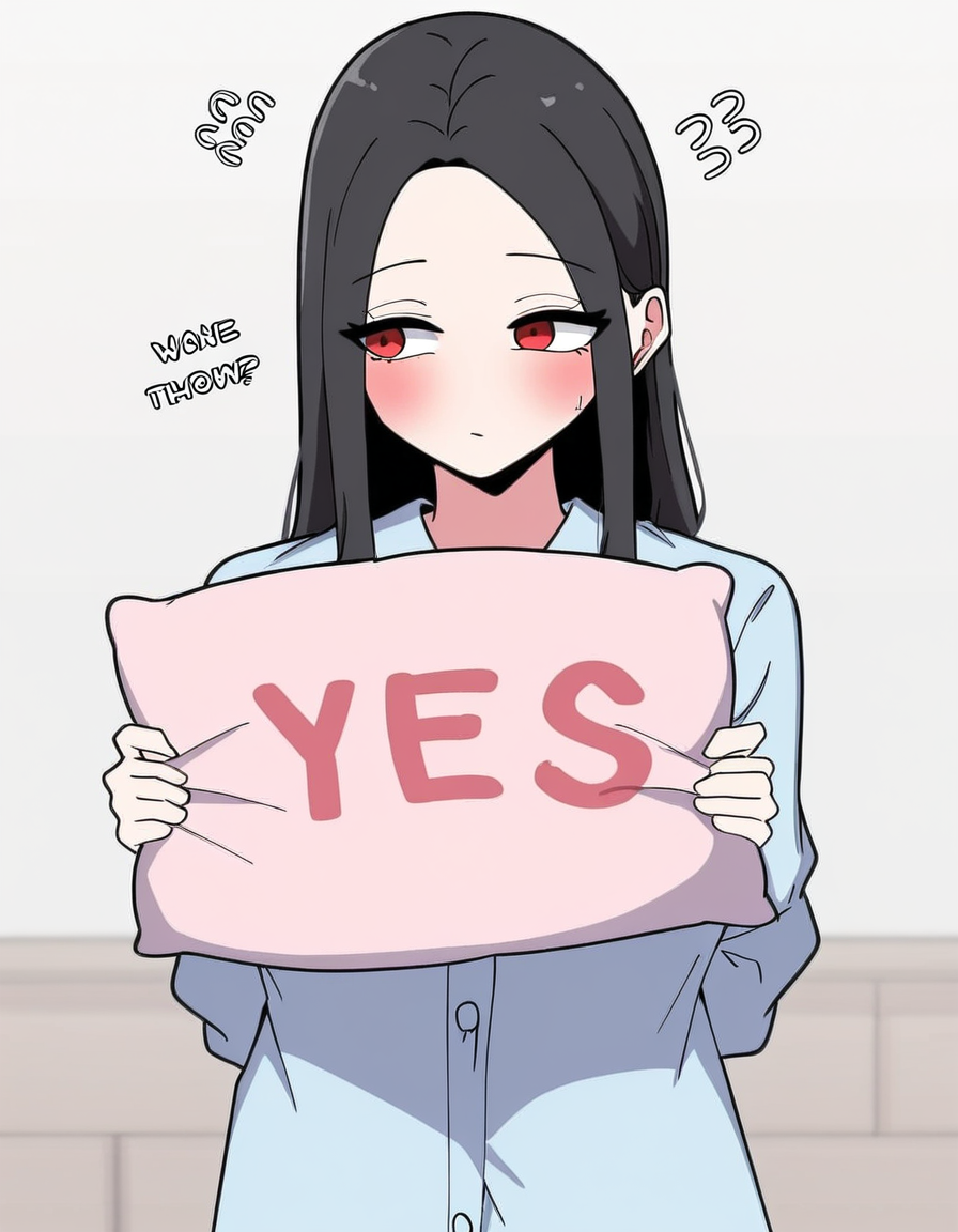 masterpiece, best quality, newest, absurdres, highres, safe,, <lora:yoo-jae-kyung-manhwa-illustriousxl-lora-nochekaiser:1>, yoo jae-kyung, long hair, large breasts, black hair, red eyes, forehead,, <lora:yes-no-pillow-ponyxl-lora-nochekaiser:1>, yes-no pillow, holding, pillow, flying sweatdrops, yes, holding pillow, blush, looking to the side, english text, bedroom, pajamas, cowboy shot, dutch angle,, , cowboy shot, solo