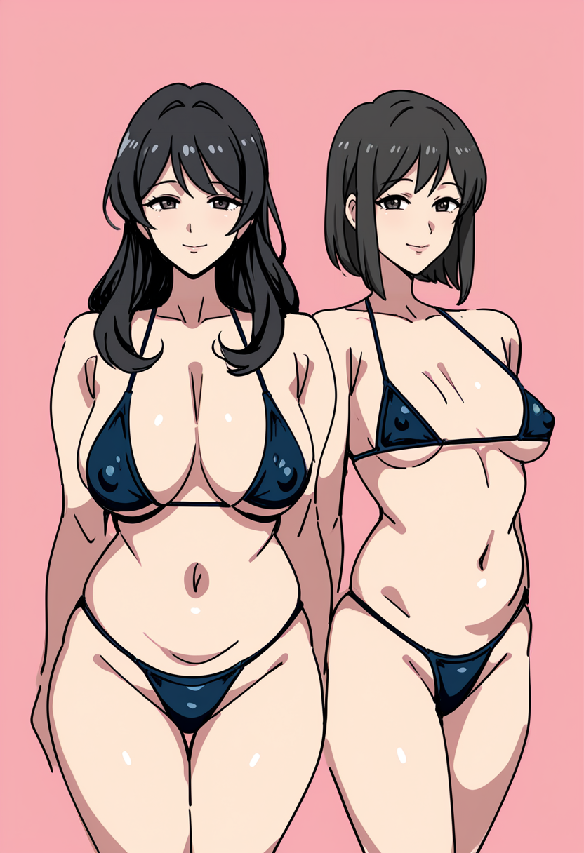 masterpiece, best quality,
2girls,
standing,
looking at viewer, light smile,
black hair, long hair, small breasts,
black hair, short hair, mature female, large breasts,
tiny bikini, covered nipples,
pink background, simple background,
 <lora:kandenki_Style:1> k4nd3nk1,