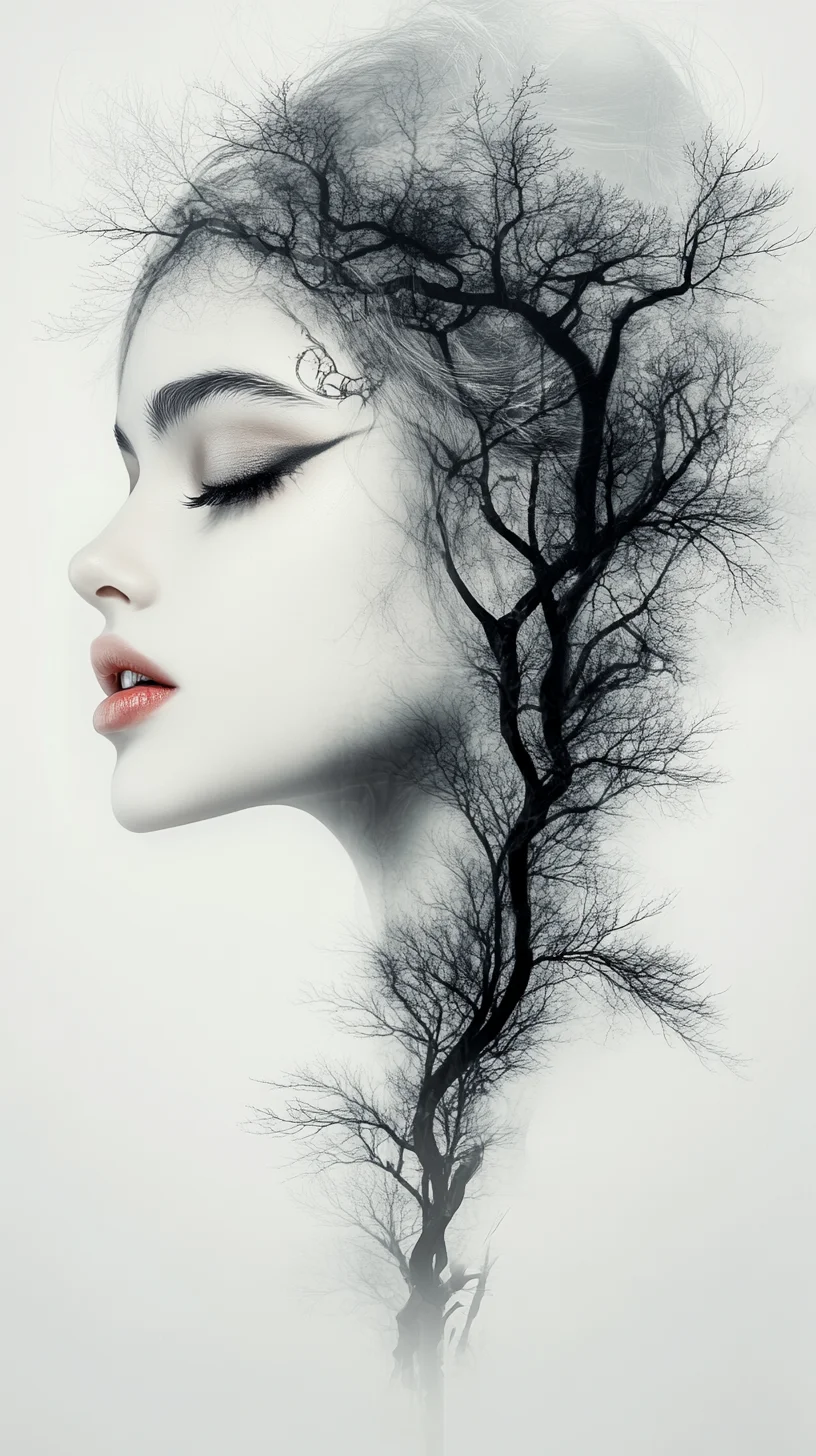 foggy, surreal dream, double exposure, living in a thunder cloud, abstract, fantasy, bo-abyss, bo-abstract, a highly detailed, black-and-white digital illustration depicting a young woman with a delicate, ethereal appearance, she has fair skin and a serene expression, with her eyes closed and her lips slightly parted, her hair is styled in intricate, voluminous braids that cascade down her back, adorned with delicate, leaf-like decorations, subtle shading that enhances the realism of the artwork, the overall style is reminiscent of gothic or fantasy art, with a strong emphasis on fine details and subtle shading --ar 9:16 --style raw --personalize gnvbpl6 i8idcqx wx8frjz 4bswk7x --stylize 700 --v 6.1