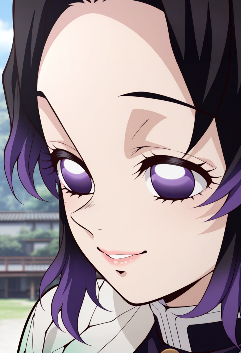 newest, masterpiece, best quality, 4k,
outdoors, very aesthetic, detailed background, face focus, 
1girls, solo,  <lora:Shinobu Kocho - Demon Slayer:1> shin0bu, kochou shinobu, black hair, purple hair, multicolored hair, gradient hair, purple eyes, butterfly hair ornament, demon slayer uniform, long sleeves,jacket,smile,