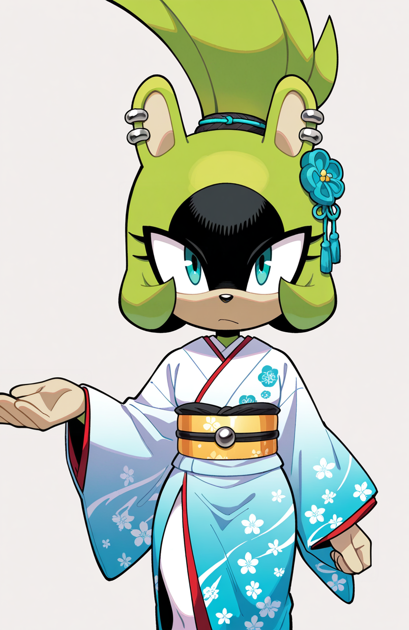 1girl, solo, no humans,  <lora:Surge-the-Tenrec_v41:1> surge the tenrec, black face, aqua eyes, piercing, earrings, topknot,
traditional kimono, long sleeves, obi belt, white pantyhose, zori, hair ornament, extremely detailed, highres, masterpiece, best quality