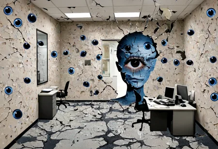 an image with a surreal, distorted office setting featuring cracked paint on the walls and a human silhouette with many eyes <lora:y2kmadmix_v0.0.1:1>