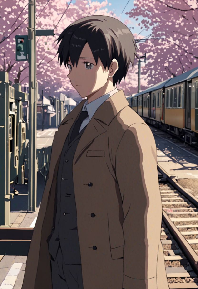 Highres, Masterpiece, High Quality, 4K, 8K, solo, 1Boy, Takaki Toono, adult, black hair, short hair, brown coat, trousers, passing train, railroad crossing, cherry blossoms, easynegative, detailed_eye_model