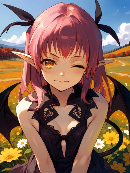 (:1.2) <lora:happy_tentacle-succubus-v0.2-000043:1>, ht_succubus, demon wings, demon tail, hair ribbon (petite:1.2), ( :1.1) blood ( ( head tilt :0.8) , , (wince :1.2) , , (looking at viewer:0.6) :1.1) , outdoors, vegetation, (overgrown :1.1), autumn , (night, night sky :0.6), (blue sky:0.6) , (:0.5), , ( :0.8), (flower field :1.2) ( :0.8) score_9, score_8_up, score_7_up, score_6_up, score_5_up, score_4_up, ( [(realistic, photorealistic:1.3):(realistic:1.3):18] [(3d:1.2)::16] :1) <lora:LUUNA's Lunas-NijiJourney-SDXL-B2:0.35>, nijijourney <lora:prgfrg23's Counterfeit-V3.0 Style SDXL_LoRA_Pony Diffusion V6 XL:0.5> <lora:mfcg's mfcgXL:0.12> <lora:reweik's gyokai(himehajime)_PonyXL_style_v01:0.14>