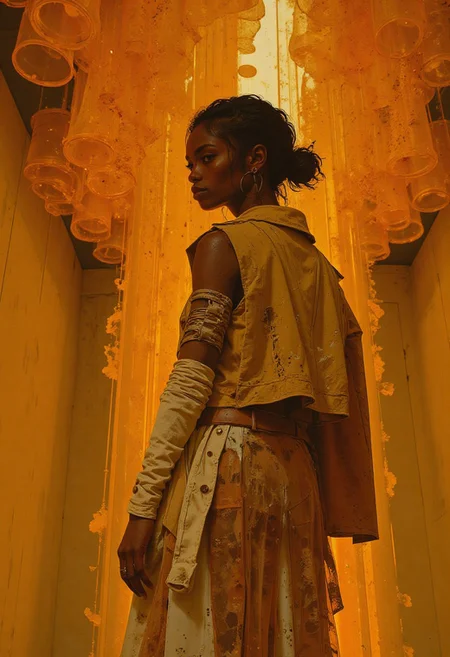 A Black woman in afro hairdo stands indoors, partially silhouetted by a surreal art installation composed of suspended fabric strips in glowing tones of translucent amber, honey, and soft gold. The structure undulates like molten light frozen mid-motion, suspended from the ceiling in layered curls that refract the ambient light into warm, shifting patterns. Positioned right of center, the woman wears an avant-garde ensemble: a sculptural, deconstructed jacket made of cracked ochre leather and pale ivory lace, with sharply angled shoulders and asymmetrical fastenings. Below, she wears an exaggerated puffed skirt of loosely layered organza dyed in uneven saffron washes, resembling wilted petals. Her copper-red hair is pinned in a loose, unwinding braid. She gazes forward with a stoic, unreadable expression. The background is a soft, matte sand-toned wall, highlighting the amber glow of the fabric. The atmosphere is meditative and tactile, merging elegance with raw, experimental fashion. (pingtu style, illustration-fen, niji, gothic, erotic, anime)