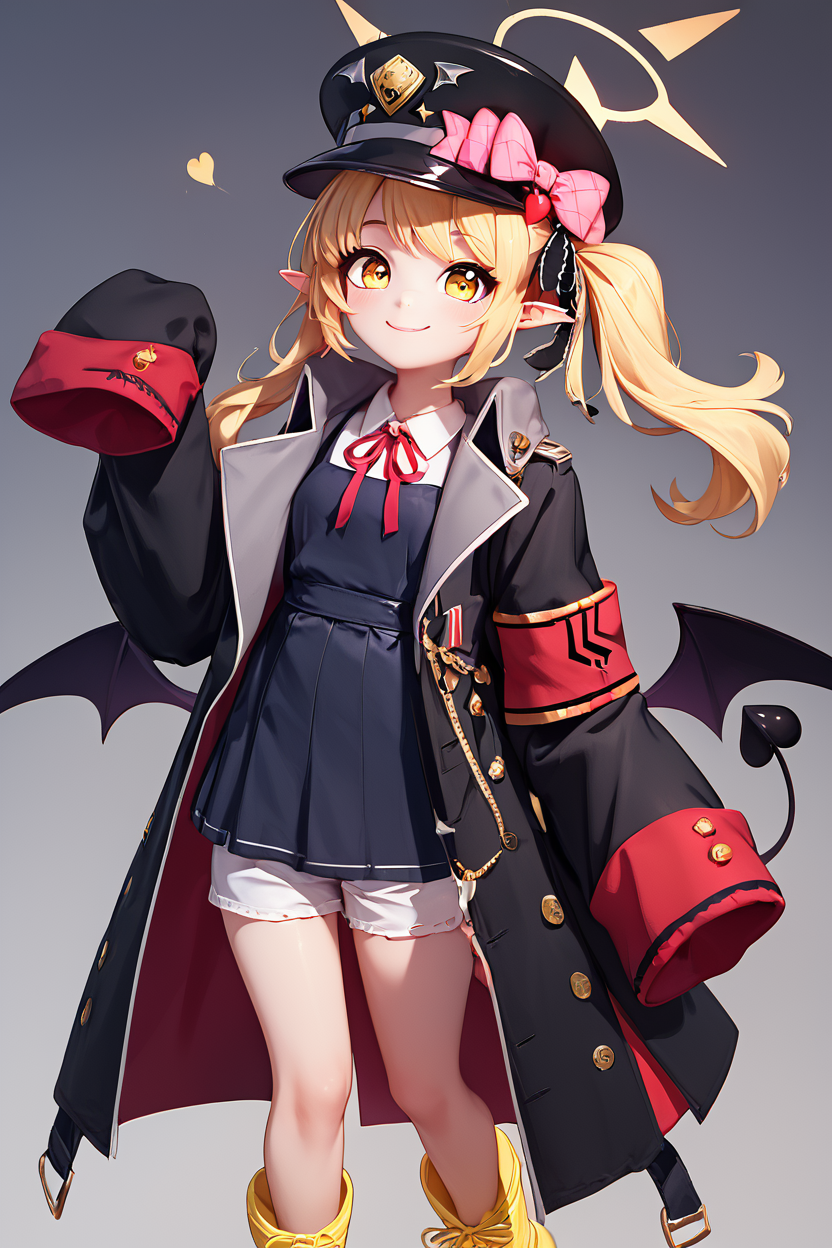 score_9, score_8_up, score_8, medium breasts, (curvy), cute, eyelashes,       BREAK, , ,,, zzIbuki, yellow eyes, yellow halo, blonde hair, long hair, tail, side ponytail, horns, demon horns, black horns, hair ribbon, pointy ears, wings, demon wings, black wings, tail, demon tail, horns, black tail, demon horns, black horns, demon girl, low wings, hair ribbon, neck ribbon, black headwear, red ribbon, peaked cap, black coat, collared shirt, long sleeves, open coat, pinafore dress, sleeves past fingers, black dress, hat bow, white shirt, yellow footwear, boots, white shorts, oversized clothes, red armband, military hat, pink bow, <lora:Ibuki_BlueArchive_PDXL:0.8>,    ,,,, BREAK, (dolphin shorts:1), smile, closed mouth, looking at viewer, cowboy shot, ,,, embedding:zPDXL, Expressiveh, ,,, <lora:BeautifulCAT_PDXL:0.7>, <lora:SDXLFaeTastic2400:0.5>, <lora:Expressive_H-000001:0.4>,