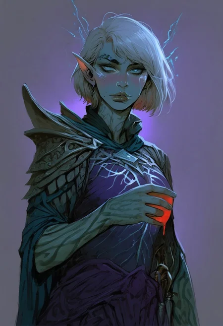 score_9, score_8_up, score_7_up, BREAK,
1boy, portrait, beautiful, drow wizard, dark elf, white hair, (Bob cut:1.3), side bangs, Pale white skin, pale blue skin, Mage, black lipstick, black eyeliner, turquoise eyes, purple spidersilk armor, spiderweb silver motif, silver ankh necklace, glowing eyes, holding a glass of red wine, platinum rapier at right hip, knapsack tied to left hip, full body, effeminate male, feminine, kind eyes, gentle face, loving smile, pouty lips, (smug:0.85), dramatic lights, regretful look, shameful look, contemplative look
<lora:Fant5yP0ny:0.6> <lora:fantasy_world_pony:0.9> <lora:Cherry-Gig:0.55>,