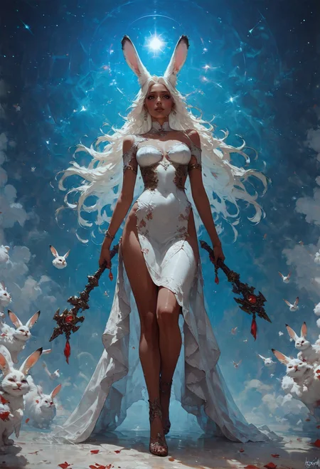 score_9, score_8_up, score_7_up, rating_questionable, 20yo girl, 1girl, viera, solo, tall, white dress, red trim, a woman with white hair, Brom, beautifully backlit, fantasy art, dark skin, long hair, rabbit ears, white hair, space traveler, galactic, otherworldly, ethereal, atmospheric, galaxy, sweat, full body, legs, romantic, high heels, view from below, head turned away <lora:pony/vixon_gothic_oil_style:0.7> d4rk01l <lora:pony/twilight_style:0.8> <lora:pony/expressiveh:0.8> expressiveh