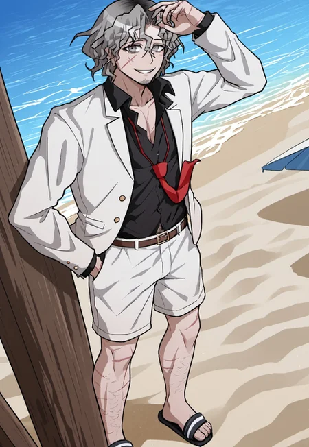 safe_pos, score_9, score_8_up, score_7_up, source_anime, rating_nsfw, ultra hd, absurdres, solo, masterpiece, best quality, best aesthetic, Expressiveh, wolfconf, 1boy

Shobai Hashimoto, Middle aged, male, White hair, Black hair roots, facial hair, grey eyes, Muscular, eyebags, scars on body, Leg hair, body hair white jacket, black shirt, red neck tie, white shorts, sandals, beach background, island, looking at viewer, smiling