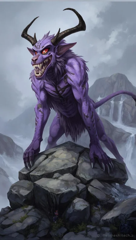 <lora:ck-LttleGhost-000011.safetensors:1> in the style of ck-lttlegh0stStanding on rugged rock, a purple demon with jagged horns, red eyes, and sharp teeth, covered in thorn-like protrusions, scaly skin, and clawed limbs, ready to pounce from the fog-shrouded terrain.