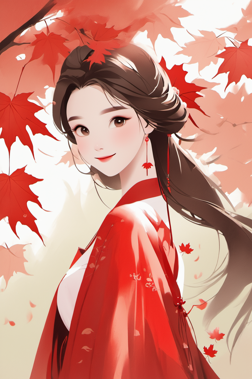 minimalism,1girl, beautiful, smileï¼red hanfu, Maple leaf tress <lora:minimalism:0.9>