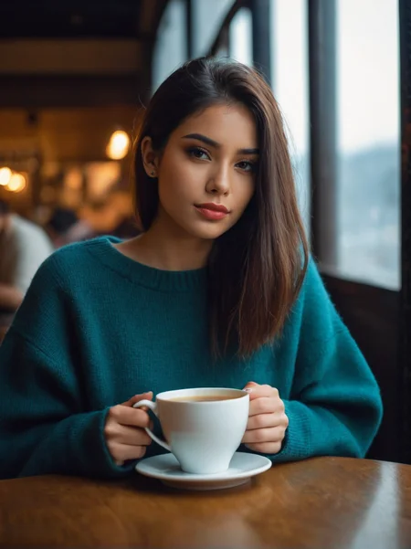 A dynamic cinematic photograph of Emma_Sucheon_P_MXAI_SDXL   , wearing a cozy sweater, sitting in a cafe, holding a cup of steaming tea, flirty expression,, SK_CINEMATIC, ziprealism, (((Ultra-HD-details, Ultra-HD-detailed, Ultra-HD-realistic, Ultra-HD-photo-same-realistic-quality-details)))