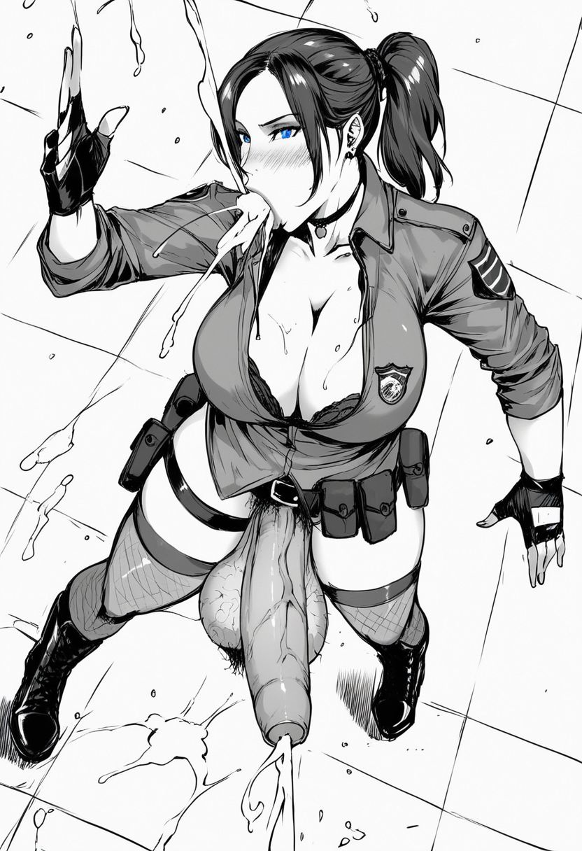 score_9, score_8_up, score_7_up, western cartoon, (monochrome:1.5), (no colors:1.5), g0thicPXL, fFaceDetail, ultra detailed, beautiful face, (big breasts:1.5), 1 girl, futanari, claire redfield, brown hair, ponytail, blue eyes, (police uniform:1.5), long sleeves, (bikini bra:1.5), (eyeshadow), (thigh highs), (cotton legwear:1.5), earrings, beautiful eyes, (tactical boots:1.5), (huge penis:1.5), (hairy balls:1.5), (huge balls:1.5), (long foreskin:1.5), (ball panties:1.5), (white background:1.5), (choker), (fingerless gloves:1.5), (leg strap:1.5), (tactical belt:1.5), (pained expression:1.5), (in pain:1.5), (training:1.5), (jacket:1.5), (standing:1.5), (laying on floor:1.5), (cumshot:1.5), (blowjob:1.5), (full mouth:1.5)