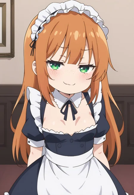high quality, orange hair, small breast, long hair, green eyes, freckles, maid outfit, smug, antiBlurV2,