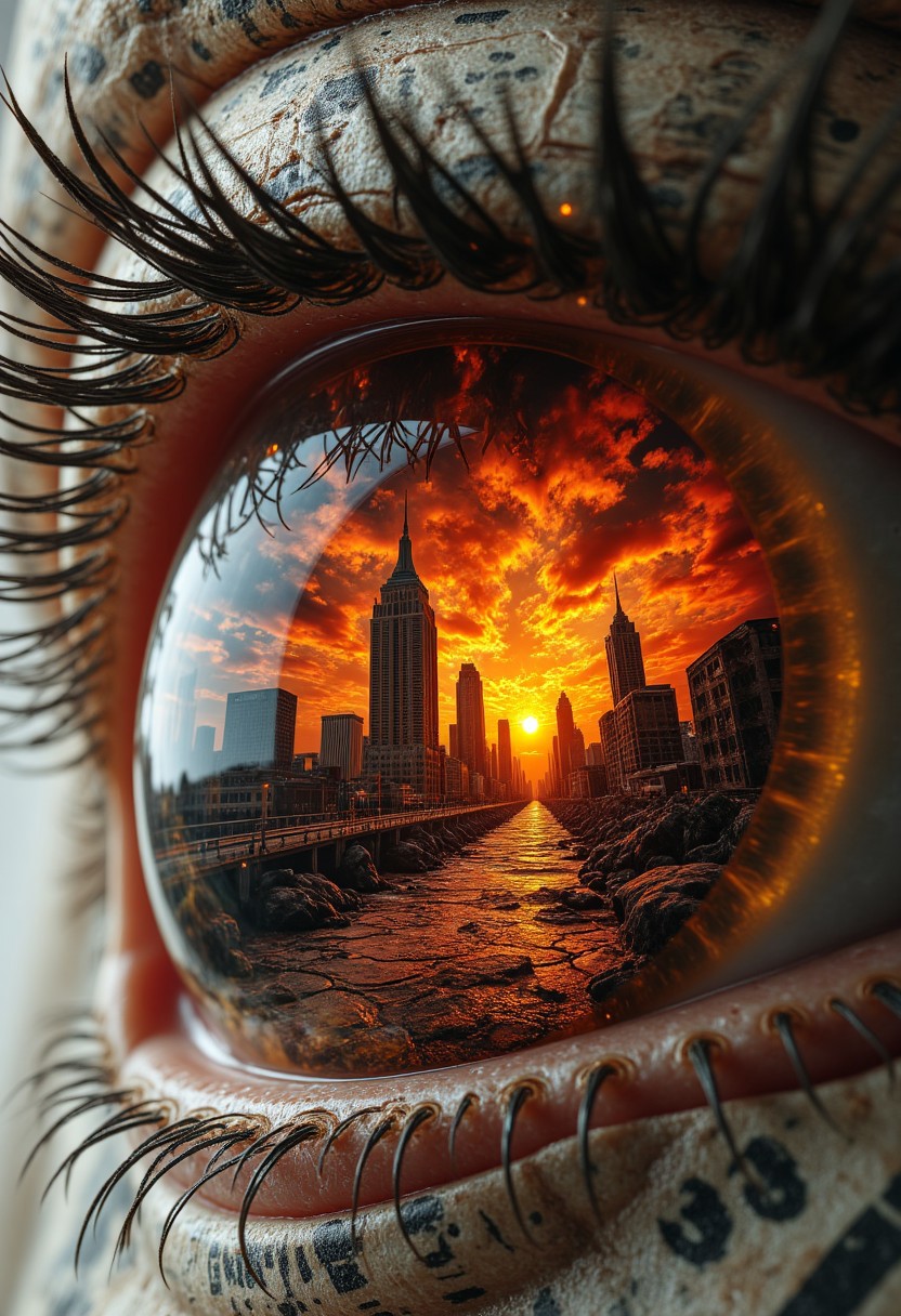 ""A fiery amber eye, with the iris reflecting an apocalyptic wasteland. Crumbling skyscrapers and cracked highways stretch into the distance, with ominous storm clouds swirling overhead. Faint sparks of embers drift across the sclera, creating an eerie, dystopian tone. The eye’s glossy texture contrasts with the gritty destruction inside. peeking through a torn piece of newspaper, with printed text and headlines visible across the reflection in the pupil."
   , aidmamjv7,