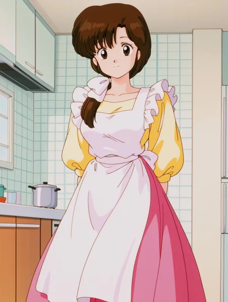 masterpiece, best quality, newest, absurdres, highres, detailed eyes, beautiful, detailed background, perfect eyes, anime coloring, anime screencap, 1990s \(style\), 1girl, solo, tendo kasumi, brown hair, short hair, ponytail, hair over shoulder, bangs, brown eyes, medium breasts, yellow shirt, short puffy sleeves, pink long skirt, apron, socks, looking at viewer, smile, (indoors, kitchen), <lora:k4sum1_rnm-10:0.8>