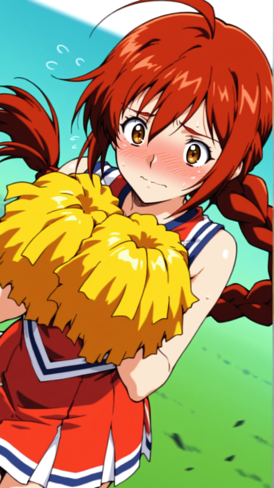 source_anime, general, best quality, masterpiece, 1girl,  <lora:honey_B_ill:1> honey_b\(gbattle\),braid, red hair,long hair,single braid,brown eyes,cheerleader, flustered, (embarrassed:0.8) , dynamic pose, dutch angle,