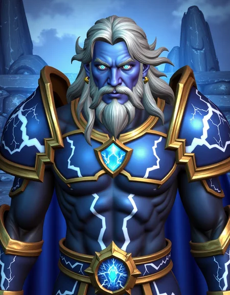 WOW_Character_Style, Extreme close-up portrait of Zeus, cropped from upper chest to mid-forearm. His piercing, electrifying blue eyes glow with the power of the storm, framed by a thick, flowing white beard and long, wild white hair. His expression is stern and commanding, radiating authority and divine power. He wears gleaming silver and gold armor, adorned with intricate lightning bolt engravings that crackle with static energy. The frame's top edge showcases his massive, storm-forged pauldrons, with arcs of lightning dancing across them. Image cuts off at mid-forearm, revealing swirling storm clouds etched into his armor, glowing with the energy of thunder. Hands out of frame. The background suggests the towering peaks of the Skywall, with stormy clouds swirling and crackling with lightning beneath a radiant sky. [Composition: Tight 85mm lens effect, compress perspective to naturally exclude extremities.]