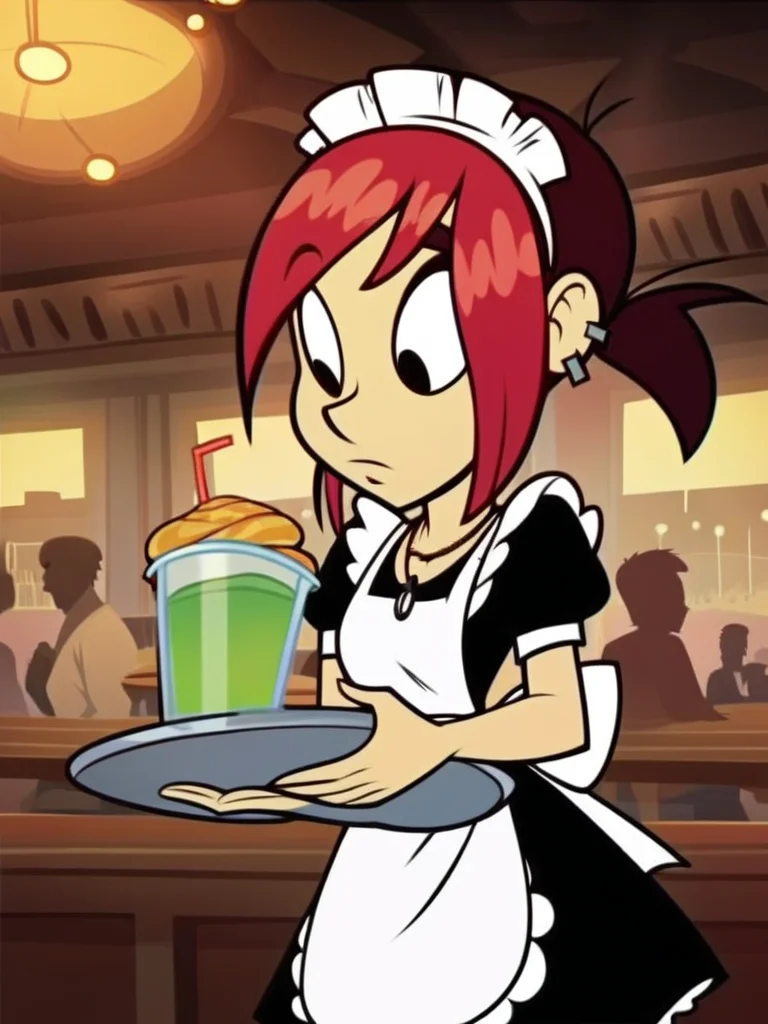 score_9, score_8_up, score_7_up, score_6_up, score_5_up, score_4_up, BREAK
MinaMonroe, short ponytail, necklace, maid uniform, holding tray, cafe, crowd, restaurant, 1girl, solo, detailed face, detailed eyes, detailed background, <lora:minamonroe-v2:1>