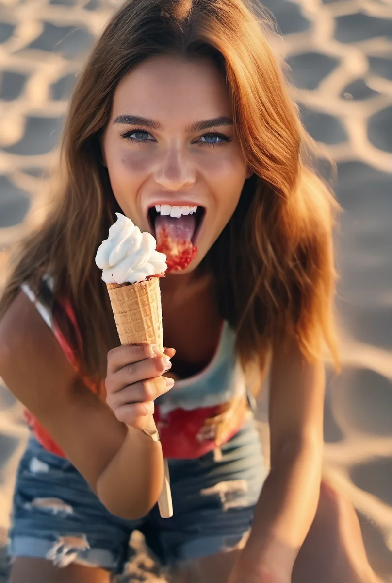 fashion model woman eating an icecream outside, at beach <lora:woman_bj_xl_lora-000030:1>, hi detail, sharp focus, perfect lighting, awesome, dslr, 4k high quality. extra detail, extra sharp, magical, perfect moment, natural skin, pores
