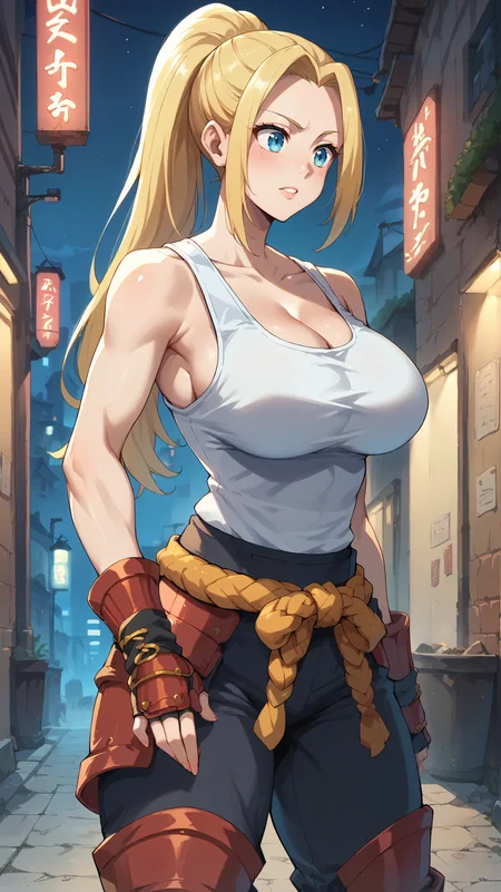 score_9,score_8_up,score_7_up,score_6_up, source_anime, zPDXL, <lora:xl_more_art-full_v1:0.5>, <lora:Wakfu_CartoonV02:0.5>, girl,long hair, blonde hair, ponytail, blue eyes, white tank top, red (samurai armor), red gloves, pants, large breasts, <lora:Beatrix Amerhauser - Pony-000004:0.8>, (getting undressed), night city, neon lights, dim lighting, dark alley,