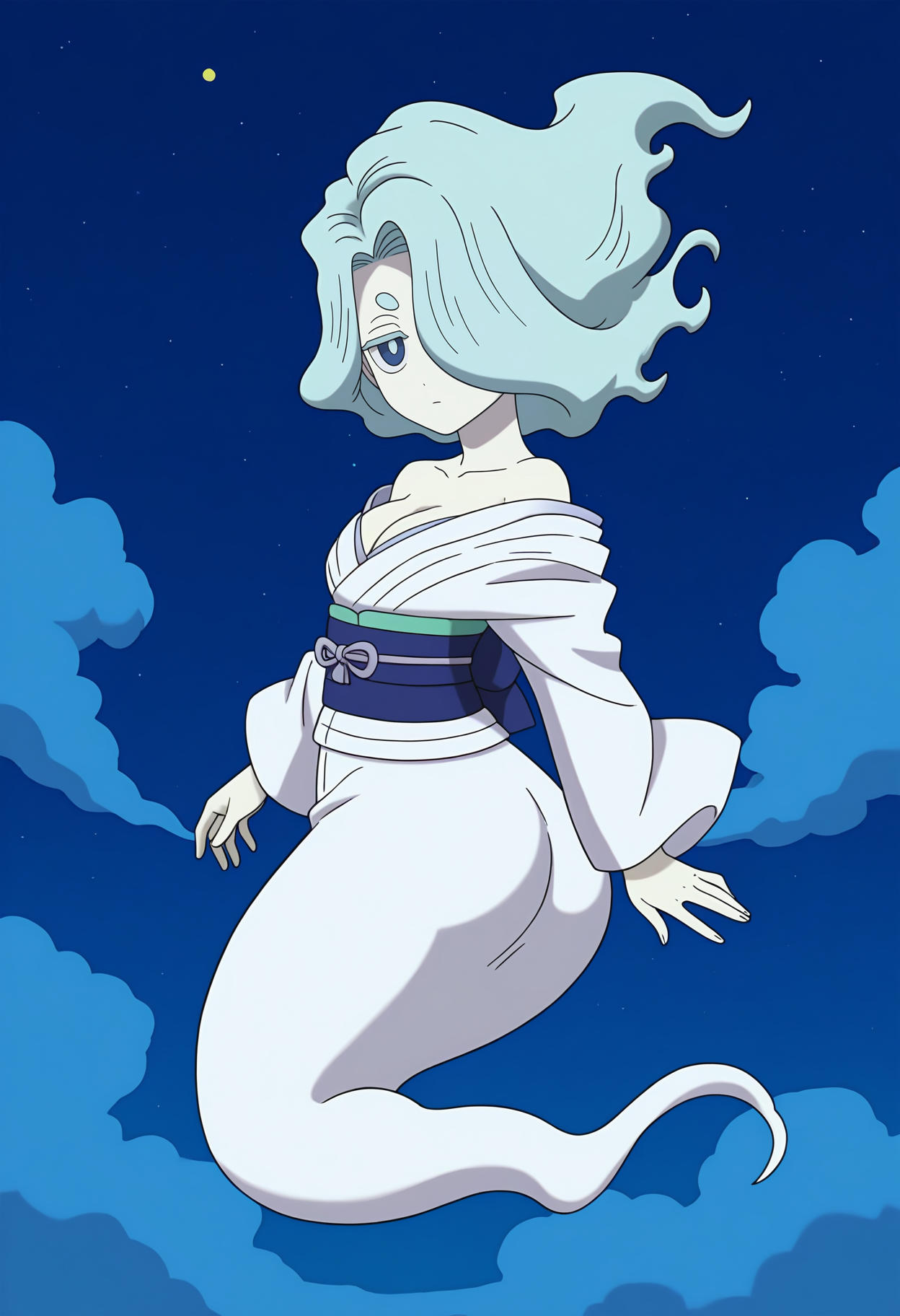 0.9best hands, 5 fingers, <lora:enra_enra_Official_IL1.5:0.8> Pale skin, chibi
(from behind:1.2, looking back, ass focus),
enra_enra_Official, Official Art, 1girl, solo, Light Blue Cloud-like hairstyle, looking at viewer, blue eyes, cleavage, bare shoulders, japanese clothes, white kimono, off shoulder, hair over one eye, youkai, ghost tail, sash, Collarbone, Left eye hidden, 
BREAK outdoors, night sky, star \(sky\), on night sky, flying, floating, ghost tail,
