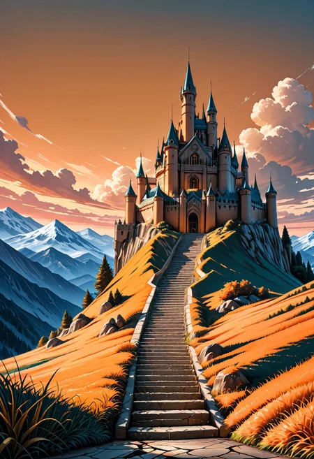 SmoothNoob_Quality, no humans, castle, cloud, gradient sky, mountain, mountainous horizon, orange sky, orange theme, outdoors, scenery, grass landscape, cracked floor, stairs,