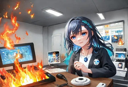 <lora:XDetail_light:0> <lora:BetterTextRedmond:1> a Burning computer with Text a that displays Computer From Angled view Displaying, (("SERVER ERROR",))detail1eye, Burning computer servers, Burning computers in the background, Computer Servers is on fire, Computers on fire, fire, Computers, Computer Server systems, Computer Servers in the background, 1girl,fire,sitting,smile,chibi,table,chair, labcoat, shirt, shirt tucked in, single vertical stripe, black skirt, pencil skirt, pantyhose, necklace, belt, civitai-chan, braided bangs, ((background of a bunch of Burning Servers,)) 1girl, girl, Accurate details, Burning,
Burning Keyboard's, civitai-chan hair on fire, civitai-chan Defeated expression, Defeated expression, Sad and defeated expression, Depressed eyes, Standing, Looking at burning computer server, Looking at computer server, From an angle, From an angled view,