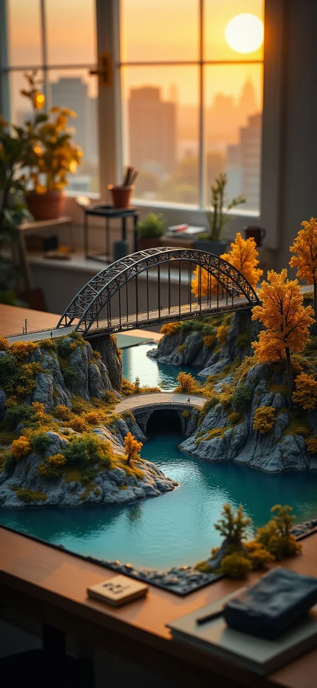 (indoor,very wide isometric view,tilt-shift lens:1.6), (windowless,miniature,miniature,diorama,miniature,diorama,PVC,plastic:2),sunset autumn ,grand_canyon,steel arch truss bridge,road,tunnel at (floating island,levitating island:1.5) on (table:2) at (study:2.5) <lora:Diorama_Flux:1>