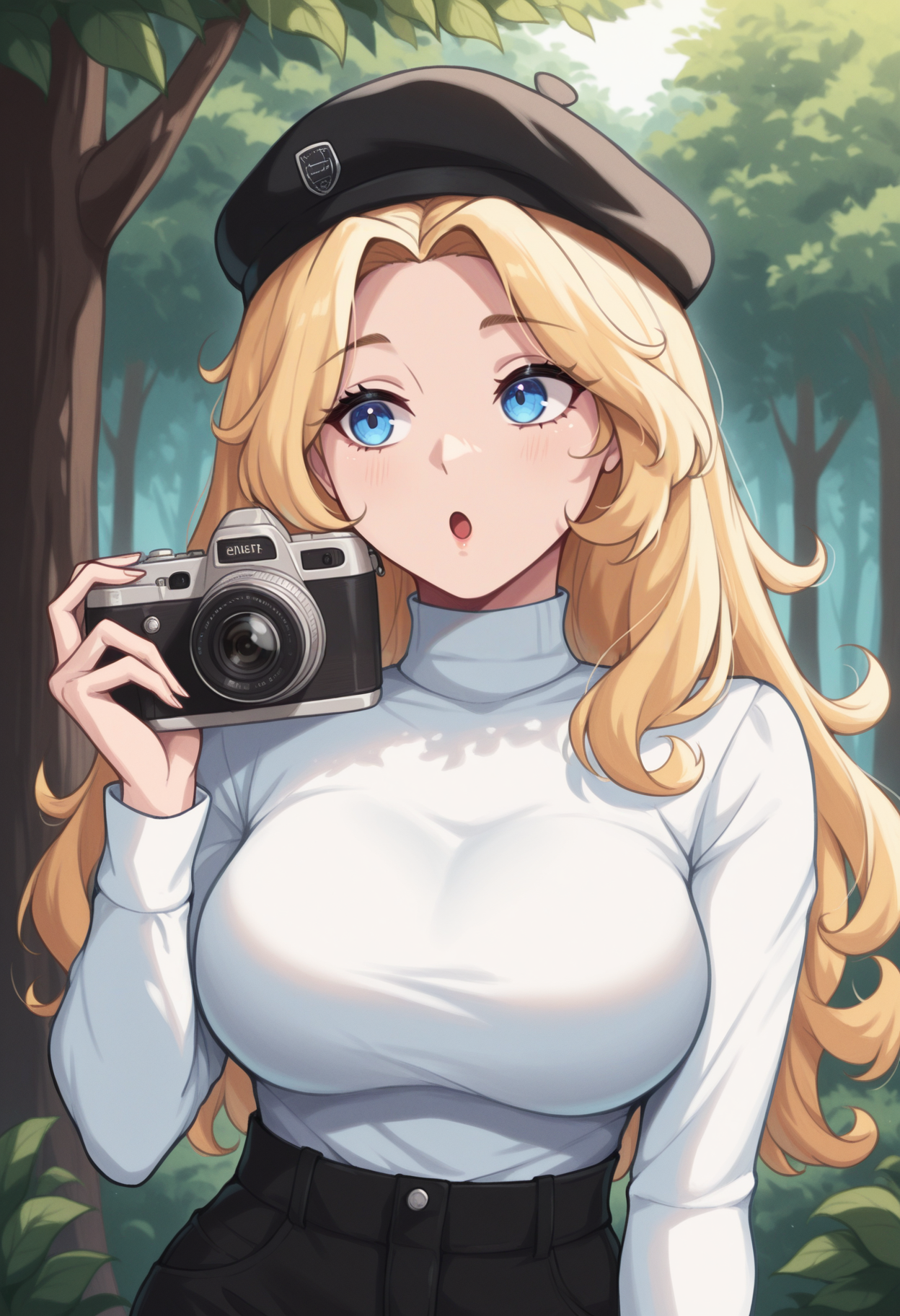masterpiece, best quality, 1girl, solo,  <lora:NSHaleyStardew:1> NSHaleyStardew, long hair, blonde hair, blue eyes, wavy hair, white shirt, turtleneck, long sleeves, black beret, black pants, camera, taking picture, :o, outdoors, forest