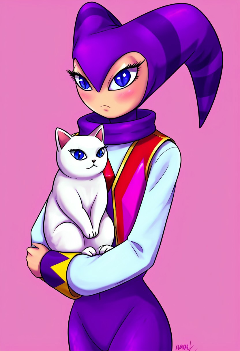 NiGHTS, 1other, jester, blue eyes, large eyes, long eyelashes, androgynous, impossible clothes, purple jester cap, ((purple jester cowl)), purple bodysuit, red gem, purple and yellow cuffs, red sleeveless vest, long white sleeves, noseless, humanoid, perfect anatomy, solo, (insanely detailed, beautiful detailed face, masterpiece, best quality), (sharp), score_9, score_8_up, score_7_up, score_6_up, highest quality, 8K, RAW photo, source_anime, perfect face, perfect hands, c4ts, holding white cat, hugging, white cat, p3tl0v3