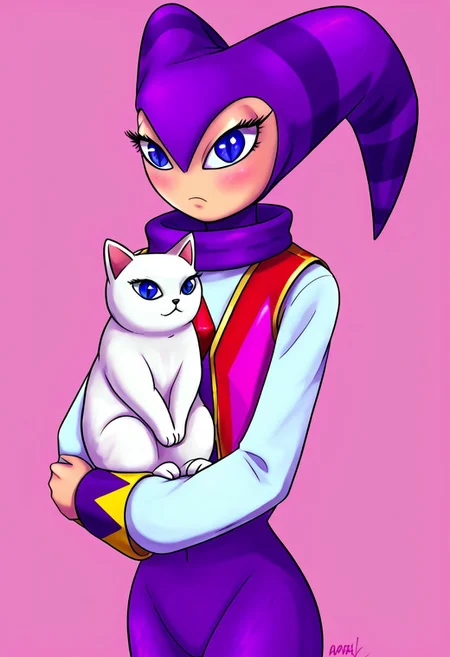 NiGHTS, 1other, jester, blue eyes, large eyes, long eyelashes, androgynous, impossible clothes, purple jester cap, ((purple jester cowl)), purple bodysuit, red gem, purple and yellow cuffs, red sleeveless vest, long white sleeves, noseless, humanoid, perfect anatomy, solo, (insanely detailed, beautiful detailed face, masterpiece, best quality), (sharp), score_9, score_8_up, score_7_up, score_6_up, highest quality, 8K, RAW photo, source_anime, perfect face, perfect hands, c4ts, holding white cat, hugging, white cat, p3tl0v3