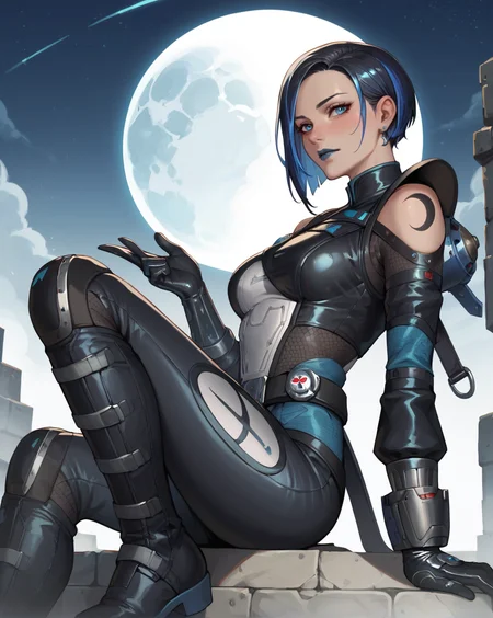 (Masterpiece:1.4), (best quality:1.2), score_9, score_8_up, score_7_up, score_6_up, 1girl, solo, (simple background:0), ctl7t0rig, black gloves, black bodysuit, grey bodysuit, belt, black hair, blue hair, multicolored hair, short hair, two-tone hair, black knee boots, breasts, black pants, blue lips, blue eyes, shoulder cutout, (looking at viewer|looking to the side|looking back) medium breasts, blush, (standing|sitting|lying), night, crescent moon <lora:MyTrainings\Temp\Catalyst_Original_XL_Pony.safetensors:0.7>