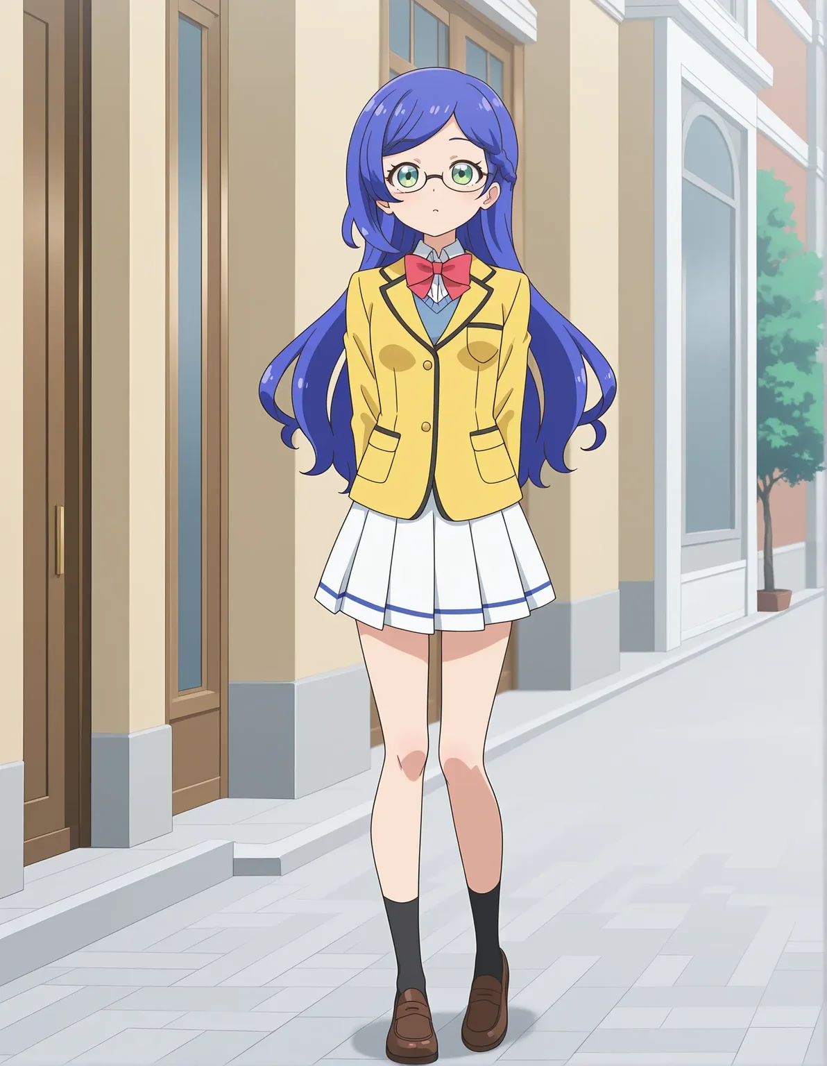 safe,best quality,very aesthetic,absurdres,newest,masterpiece,1girl,solo,highres,anime coloring,indifference,full body, ,,open eyes ,<lora:il-prichan-rinka1.0:1>,aoba rinka,glasses,semi-rimless eyewear,kiratto pri chan,blue hair,long hair,asymmetrical bangs,green eyes,small breasts,yellow jacket,collared shirt,bowtie,red bow,pleated skirt,white skirt,anime screenshot,