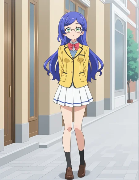 safe,best quality,very aesthetic,absurdres,newest,masterpiece,1girl,solo,highres,anime coloring,indifference,full body, ,,open eyes ,<lora:il-prichan-rinka1.0:1>,aoba rinka,glasses,semi-rimless eyewear,kiratto pri chan,blue hair,long hair,asymmetrical bangs,green eyes,small breasts,yellow jacket,collared shirt,bowtie,red bow,pleated skirt,white skirt,anime screenshot,
