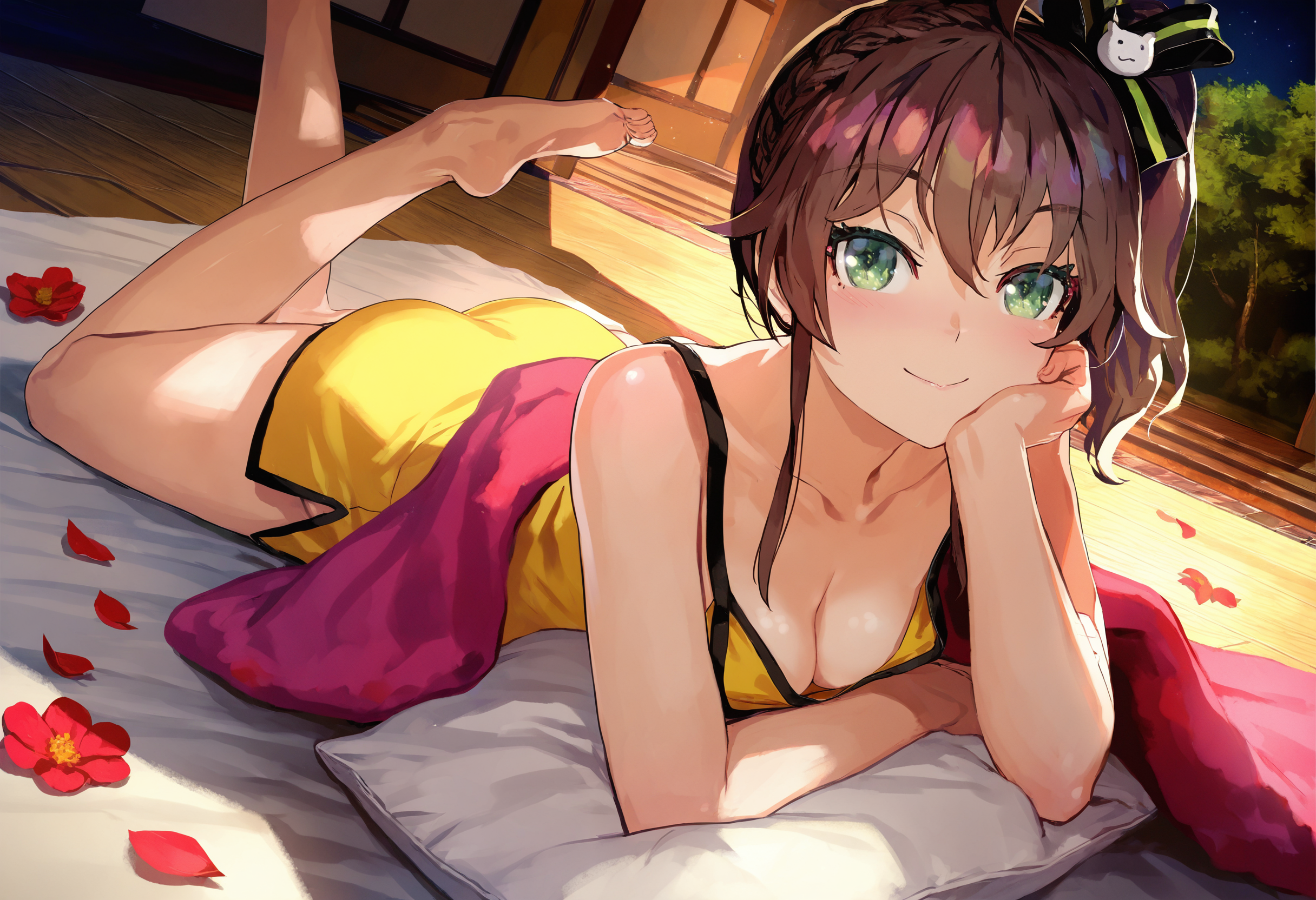 by happoubi jin, by fuzichoco, by lam, by kinta \(distortion\), by lack, by quasarcake,
natsuiro matsuri, 1girl, brown hair, large breasts, pillow, looking at viewer, brown eyes, blanket, barefoot, cleavage, the pose, braid, wooden floor, futon, side ponytail, solo, tree, feet, petals, night sky, flower, bare shoulders, collarbone, hair ornament, yellow camisole, smile, star \(sky\), closed mouth, ass, full body, bow hairband, indoors, jewelry, toes, legs, thighs,
colored eyelashes, long eyelashes,
masterpeice, best quality, very aesthetic, absurdres
<lora:illustrious_noobai_epsilon_pred_11_very_aesthetic_v1:1>
