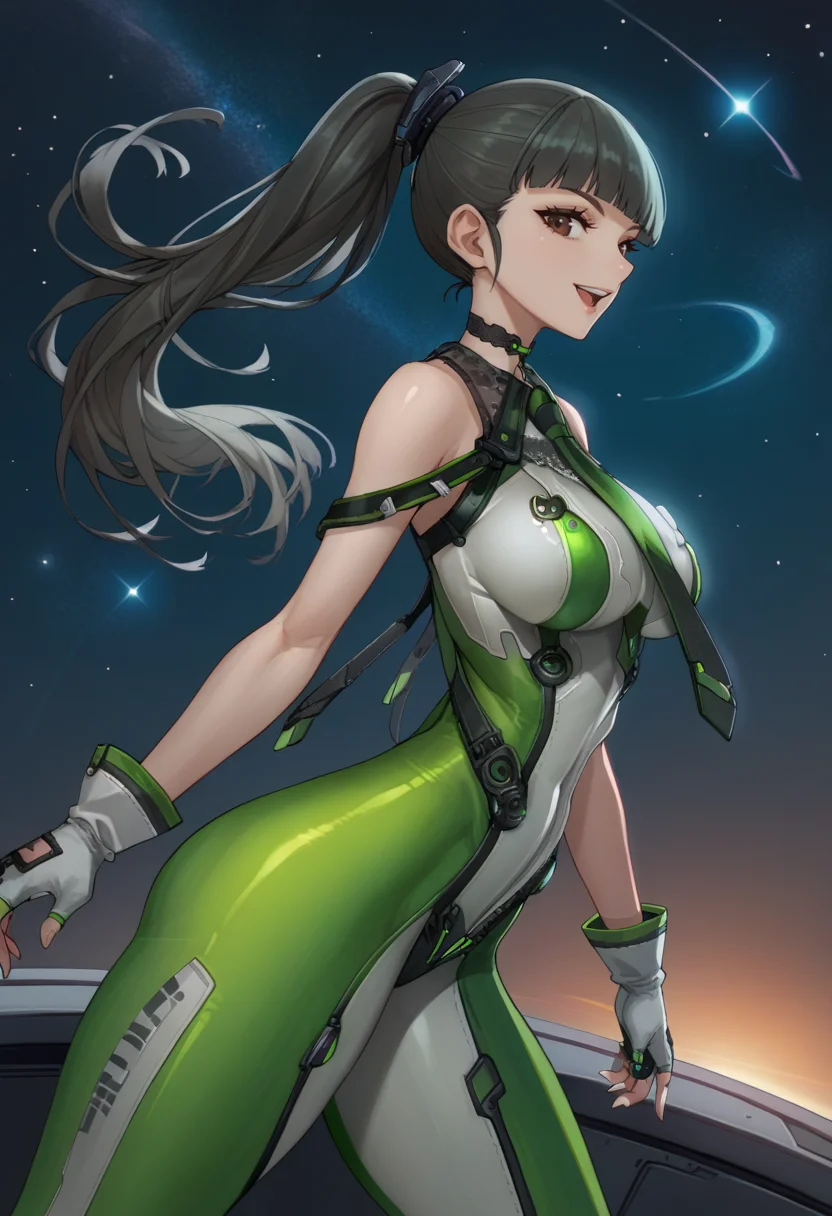 score_9, score_8_up, score_7_up, source_anime BREAK 1girl, looking at viewer, cowboy shot, from side, profile
<lora:EveDwnsty-000009:0.8>, sbeve, black hair, brown eyes, ponytail, long hair, blunt bangs, bodysuit, green bodysuit, white bodysuit, two-tone bodysuit, necktie, chocker, bare shoulders, skin tight, fingerless gloves, white gloves, skinny, narrow waist,
large breasts, skindentation, smile, open mouth,
in orbit, space, floating hair, floating, one leg up, starry sky, outdoors,