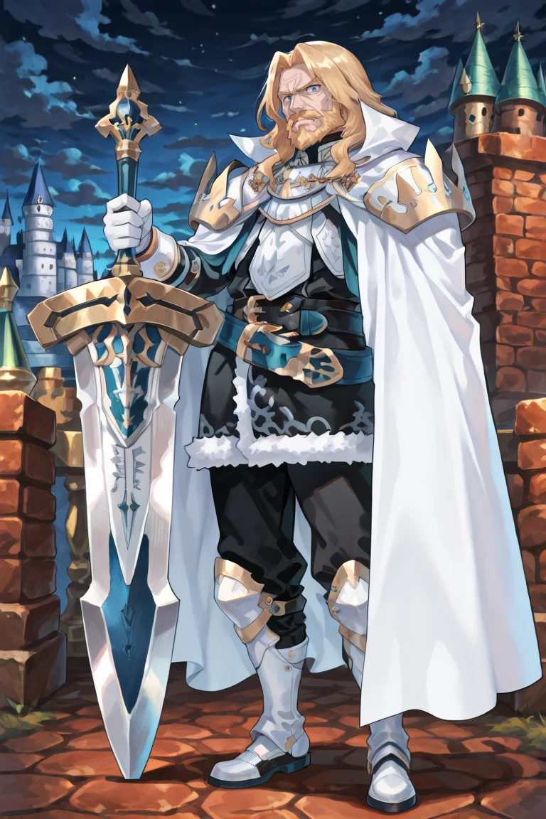 <lora:OrdeneIL:0.95> , ordedef, 1boy, blue eyes, blonde hair, long hair, facial hair, mustache, beard, white cape, collared cape, armor, pauldrons, white gloves, fur-trimmed skirt, black skirt, black pants, belt, white boots, white greaves, full body, exterior, castle, night, clouds, serious expression hand on hilt, planted sword, standing, huge weapon old man, wrinkles, looking at viewer, solo, masterpiece, very aesthetic, absurdres, best quality, amazing quality, high resolution, newest, very awa, <lora:illustrious_quality_modifiers_masterpieces_v1:0.8> , <lora:ChamIllustriousBackgroundEnhancer:0.5>,  solo,